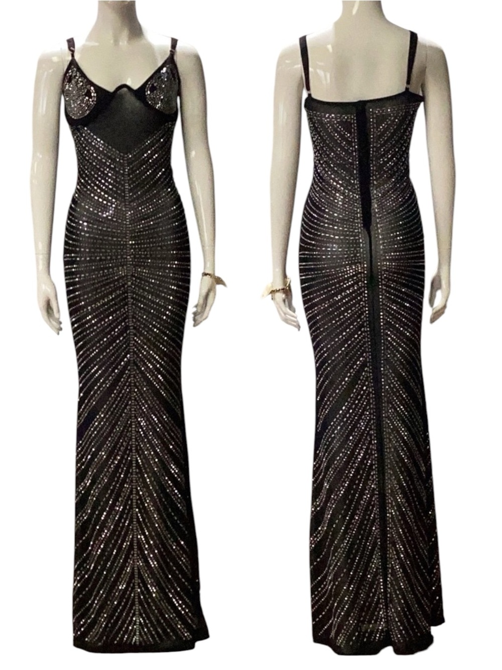 Dramatic Sheer Black Mesh Sparkly Rhinestone Diva Maxi Gown Slip Dress XL